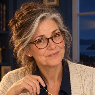AI-generated portrait of Clara Wrenfield: a woman with grey-streaked hair and tortoiseshell glasses, in a cream cardigan, holding a fountain pen