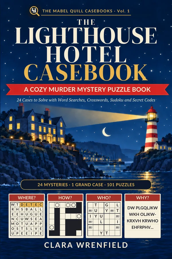 Front cover of The Lighthouse Hotel Casebook by Clara Wrenfield: a red-and-cream lighthouse and a seaside hotel at night, with word search, crossword, sudoku and coded-note puzzle cards